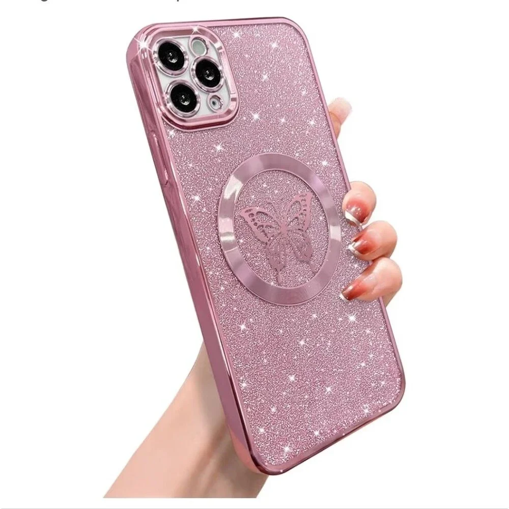 iPhone 13 Pro Glitter Butterfly Ring Phone Case - Pink